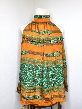 Anthropologie Sissel Edelbo halter top Blouse Orange Green Paisley Silk Boho M/L